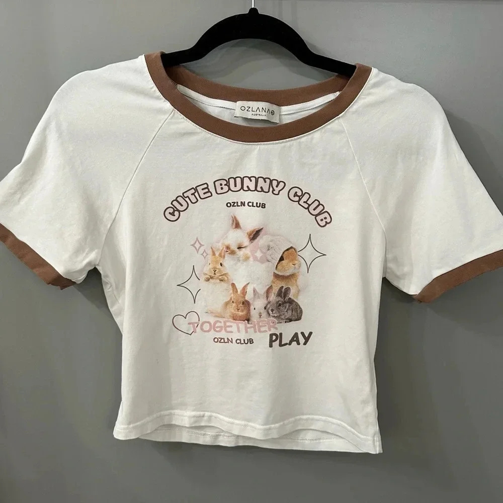 Ozlana Australia Baby Tee Cute Bunny Club Graphic Shirt Size Medium